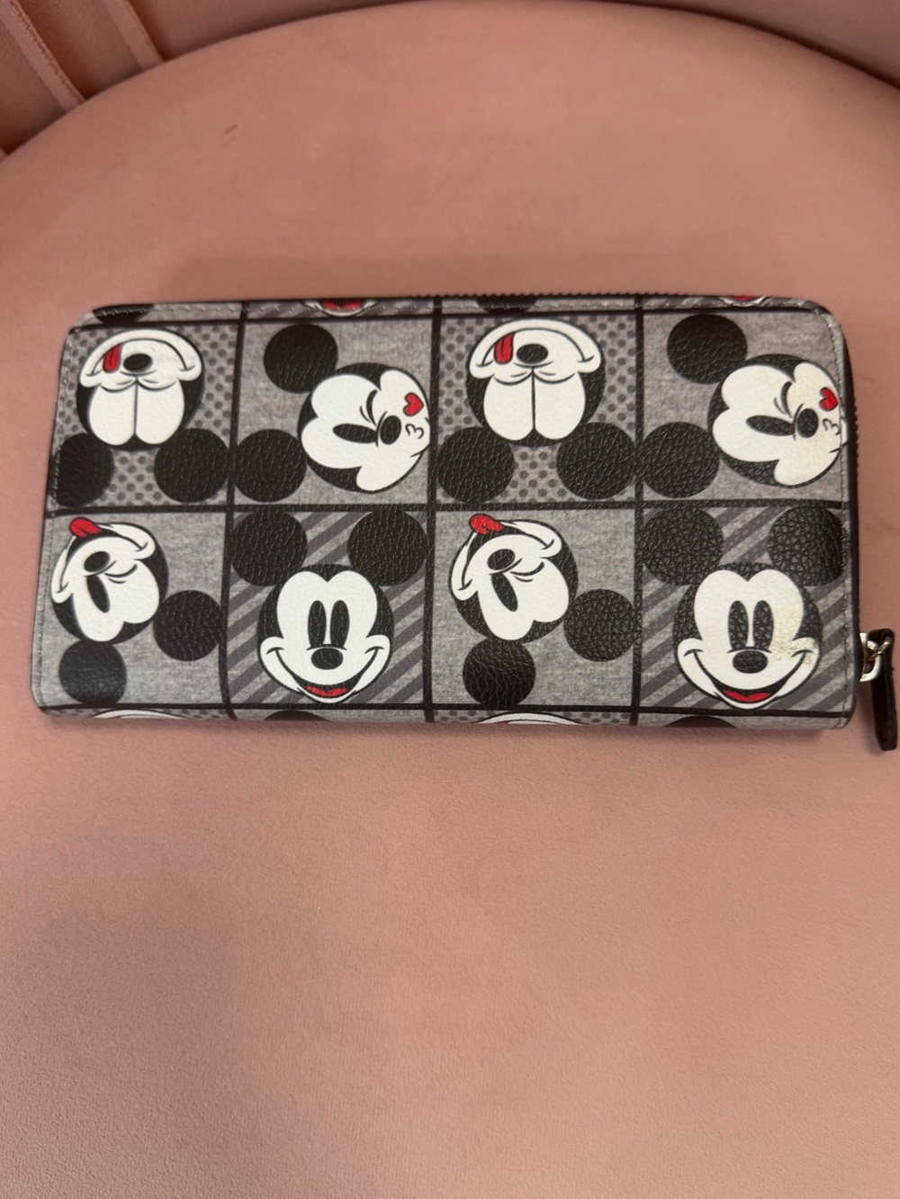 Disney Mickey Mouse Expressions Zip Around Wallet Checkerboard Grid Grey Black